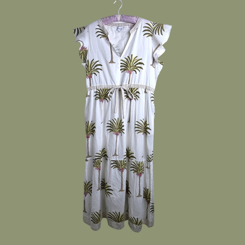 Charlee Hand-Block Print Palm Tree Flutter Sleeve  Cotton  Resort Maxi Dress XL
